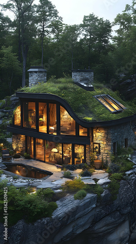 Eco-friendly house nestled in nature, green roof and warm lighting