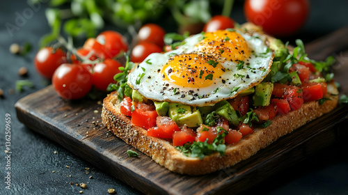 Egg and avocado toast with tomato on wood board