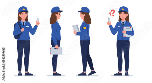 Female police officer character in flat design vector art with various poses and expressions in vector illustration