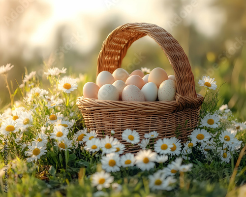 Eggs in woven basket surrounded by white daisies, sunny backdrop