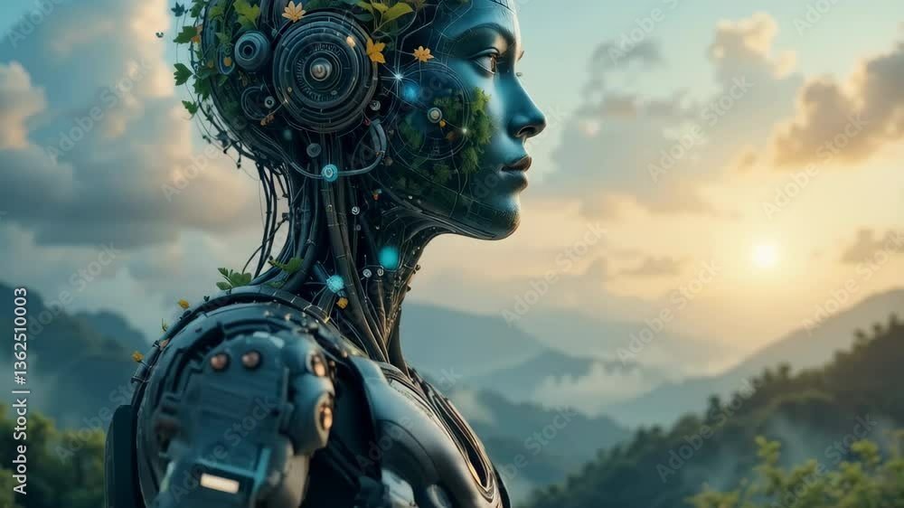 Futuristic Bio integrated Robot Woman in a Serene Mountain Landscape at Sunset Futuristic Bio integrated Robot Woman in a Serene Mountain Landscape at Sunset
