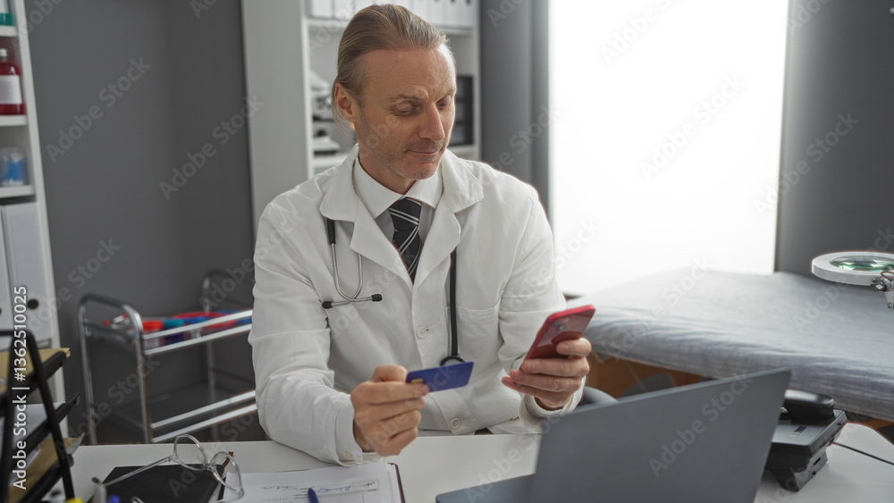 Middle-aged man wearing medical coat in hospital clinic holding card and smartphone near laptop in professional indoor setting with organized workplace. Middle-aged man wearing medical coat in hospital clinic holding card and smartphone near laptop in professional indoor setting with organized workplace.