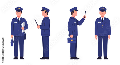 Police officer character in four poses with flat design style vector illustration