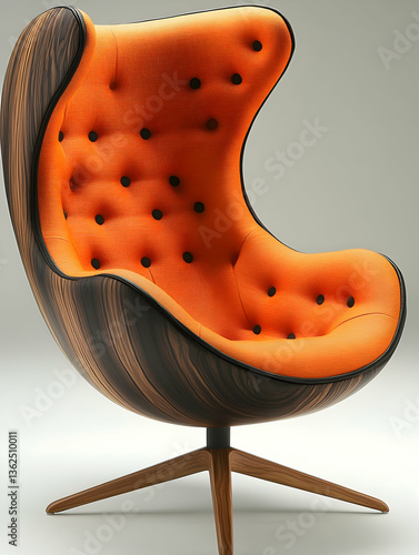 Egg-shaped chair orange interior, dark wood exterior  Modern furniture for home or office