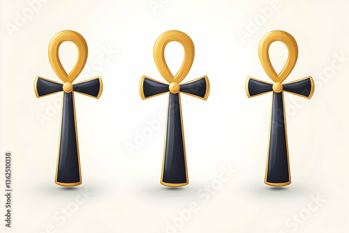 Egyptian ankhs, a trio of golden outlined cross with loop, against light background