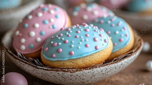 Egg-shaped cookies with pink/blue icing and dots