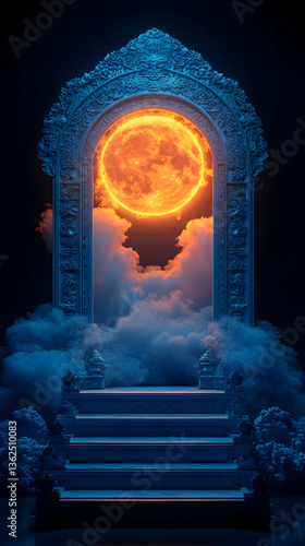 Elaborate archway leading to clouds & moon