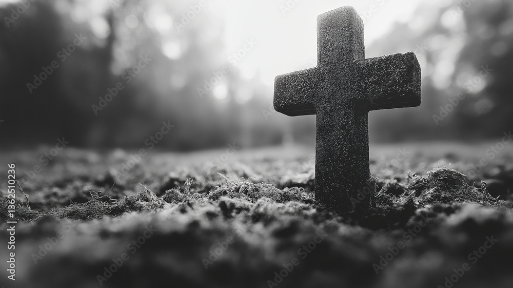 solitary cross stands amidst serene landscape, symbolizing remembrance and reflection. soft focus and monochrome tones evoke sense of peace and contemplation in this tranquil setting solitary cross stands amidst serene landscape, symbolizing remembrance and reflection. soft focus and monochrome tones evoke sense of peace and contemplation in this tranquil setting