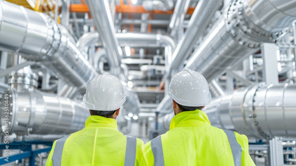 Fototapeta premium Technicians inspecting a carbon capture scrubber system in a biofuel plant, renewable energy technology, precise industrial process, sharp and clear details
