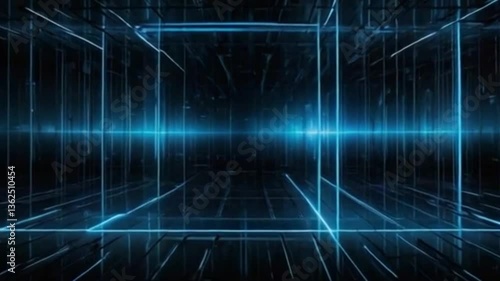 Three-dimensional cyberspace with blue glowing lines forming a grid. The depth of the scene is emphasized by perspective, creating the effect of an endless digital tunnel or virtual reality.