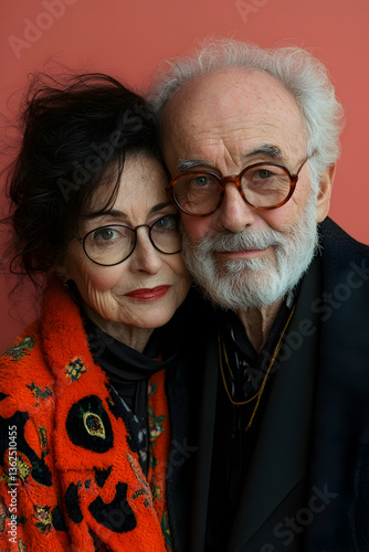 Elderly couple embraces Woman in orange coat, man in black suit Affectionate portrait
