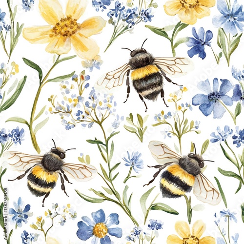 Cute bumblebees and honeycombs seamless. A vibrant floral and bee pattern design.