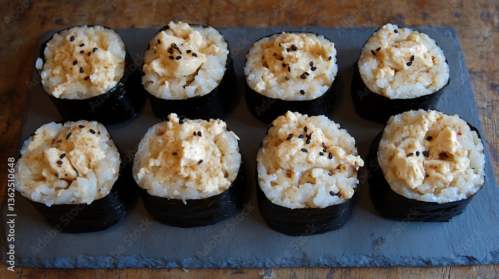 Delicious sushi rolls beautifully arranged on a textured serving board Delicious sushi rolls beautifully arranged on a textured serving board