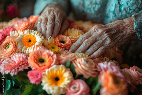 Elderly hands arrange colorful ranunculus and daisy flowers in a beautiful bouquet