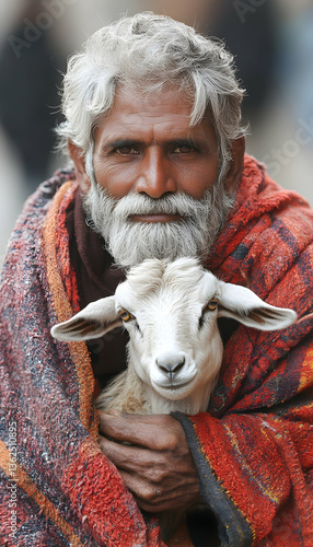 Elderly man in shawl hugs lamb against chest