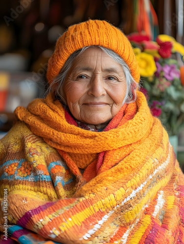 Elderly woman in vibrant orange knitwear, smiling gently