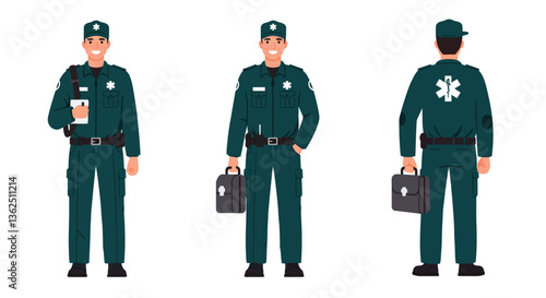 Emergency medical technician in flat style showcasing three poses in vector art