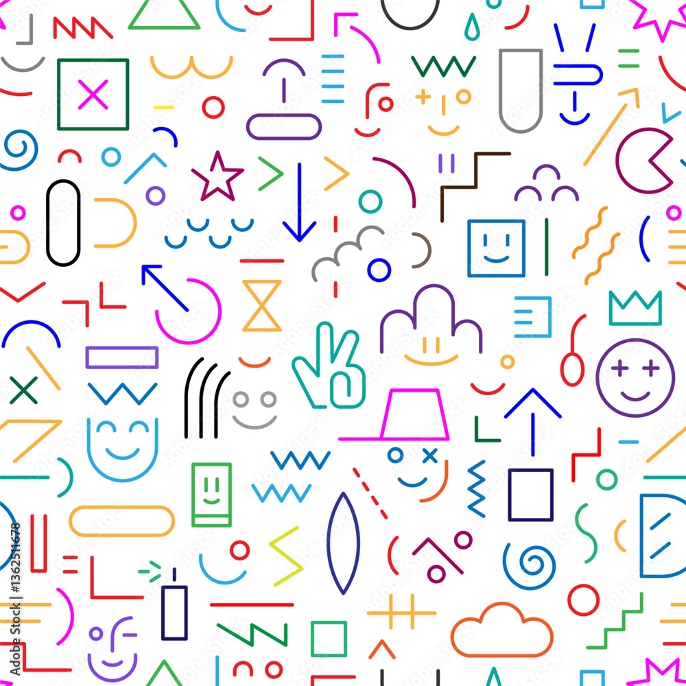 faces of children computer game funny creative lines figures seamless vector pattern multicolored background faces of children computer game funny creative lines figures seamless vector pattern multicolored background