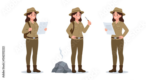 Ranger character in three frames, detailed flat style vector illustration