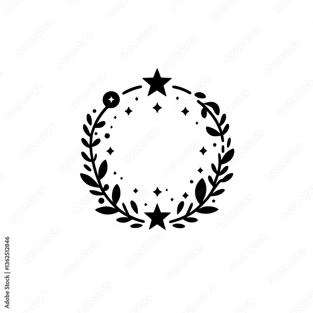 Fototapeta premium Elegant Black and White Circular Design: Starry Wreath with Leaves, Dots, and Stars on a White Background
