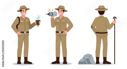 Park ranger in action showcasing various tasks in flat vector art