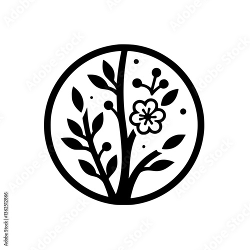 A minimalist black and white floral emblem featuring a stylized tree with leaves, berries, and a blossoming flower, encapsulated within a circular frame.