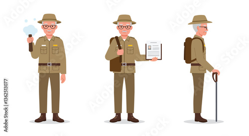 Park ranger character illustration in flat design showing different poses and expressions, vector art