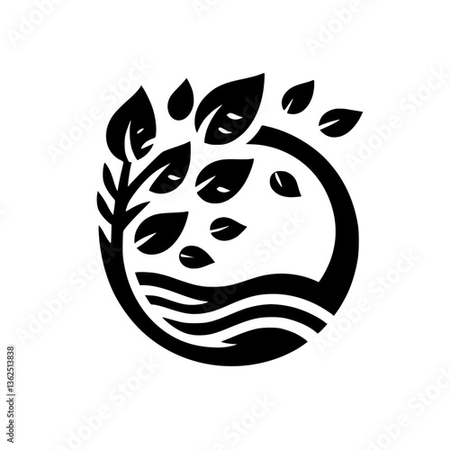 A stylized black and white logo depicting a tree with leaves enclosed by a circle over a water motif, embodying nature and sustainability.