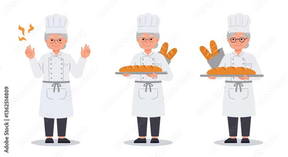 Chef character in three poses showcasing bread with flat vector art style Chef character in three poses showcasing bread with flat vector art style