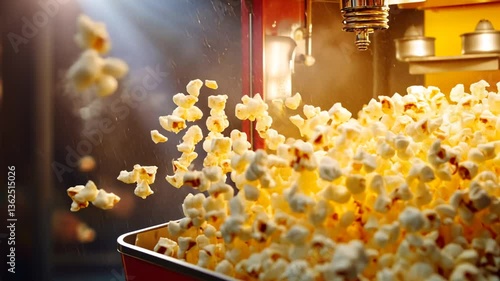 Delicious Popcorn Overflowing from a Vintage Popcorn Machine in a Cinematic Setting