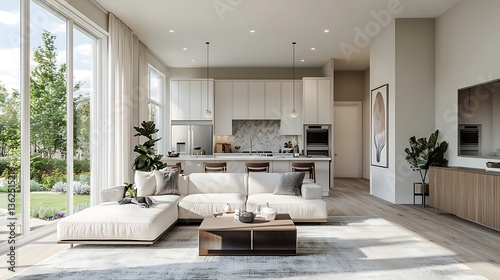 Wallpaper Mural Modern Open Plan Living Room Interior Design with Sectional Sofa and Kitchen View Torontodigital.ca