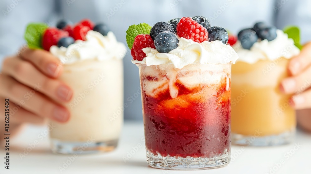 Summer smoothies in glasses with red orange and yellow layers topped with fresh fruits and mint served in casual daylight setting for refreshing beverage visual and healthy drink concept Summer smoothies in glasses with red orange and yellow layers topped with fresh fruits and mint served in casual daylight setting for refreshing beverage visual and healthy drink concept