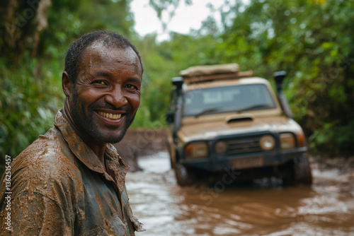 Smiling Off-Road Adventurers Covered in Mud with 4x4 Vehicles.