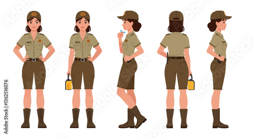 Female park ranger character design in flat style showcasing multiple poses vector illustration