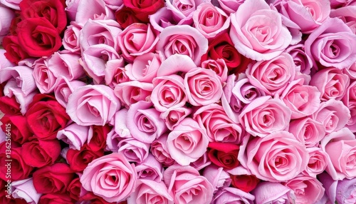 Bloom Symphony: A visually captivating mosaic of vibrant pink and red roses forming a dense and enchanting arrangement.