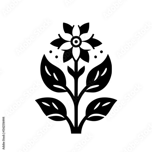 A stylized, minimalist black and white floral illustration featuring a symmetrical flower, leaves, and stem, set against a pure white background.