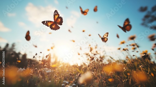 Wallpaper Mural Dreamy scene with butterflies flying above flowers Torontodigital.ca