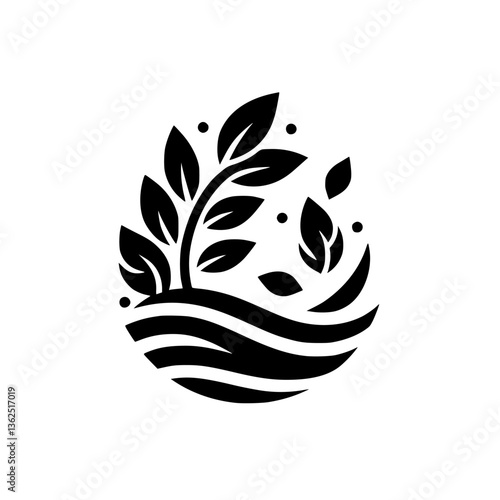 Принти на полотні Stylized black and white nature emblem, featuring a plant with leaves emerging from layered wavy lines, within a rounded shape