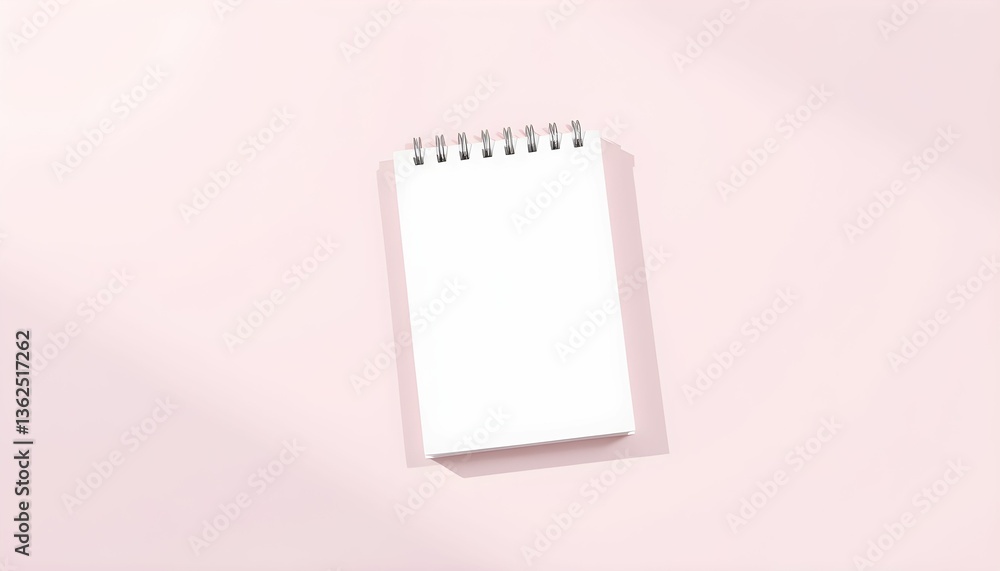 Minimalist notepad, spiral-bound, blank page, soft pink background, clean aesthetic, overhead view, stationery, simple composition, pastel tones, empty space, gentle lighting, textured surface Minimalist notepad, spiral-bound, blank page, soft pink background, clean aesthetic, overhead view, stationery, simple composition, pastel tones, empty space, gentle lighting, textured surface