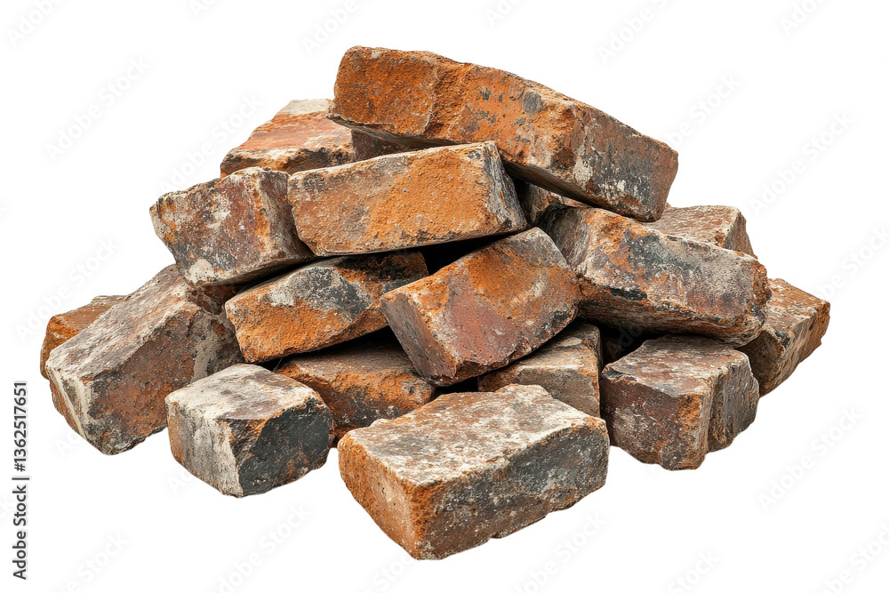 A weathered pile of reclaimed bricks, hinting at stories of forgotten buildings and bygone eras, with a stark white background emphasizing their rustic texture and rich earth tones. A weathered pile of reclaimed bricks, hinting at stories of forgotten buildings and bygone eras, with a stark white background emphasizing their rustic texture and rich earth tones.