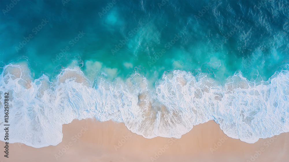 Fototapeta premium Aerial Beach View, Turquoise Waves Meet Sandy Shoreline.