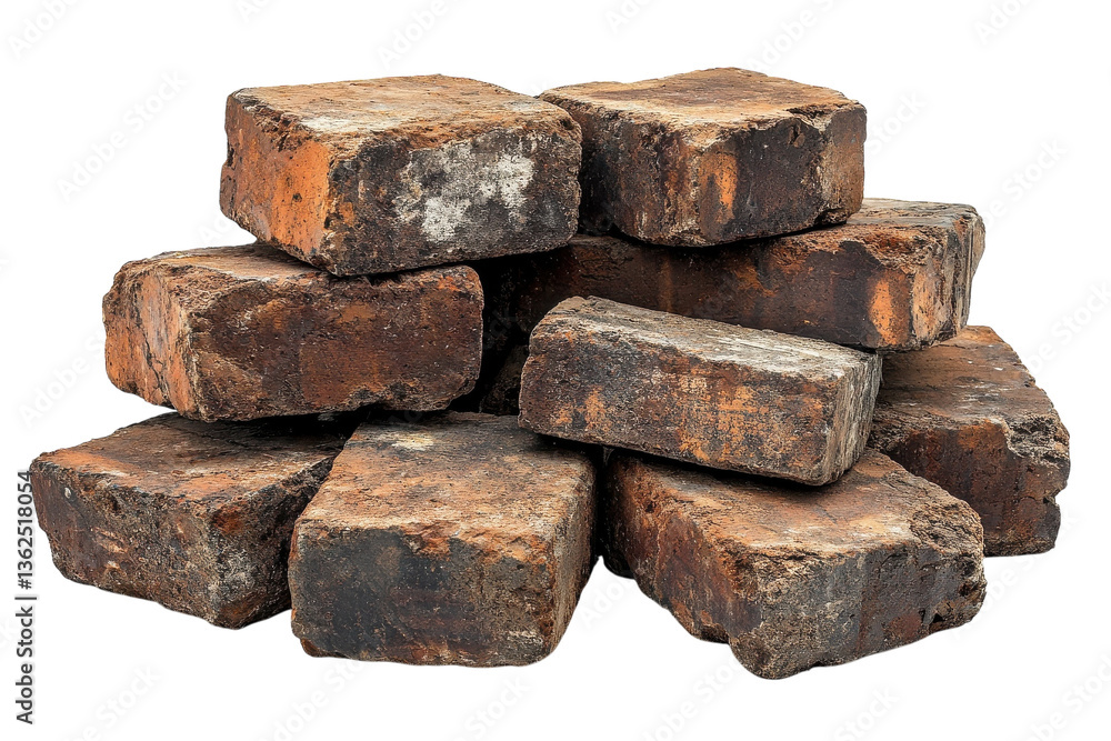 A weathered stack of reclaimed bricks, hinting at stories of old buildings and forgotten times, with rich earthy tones against a stark white background. A weathered stack of reclaimed bricks, hinting at stories of old buildings and forgotten times, with rich earthy tones against a stark white background.