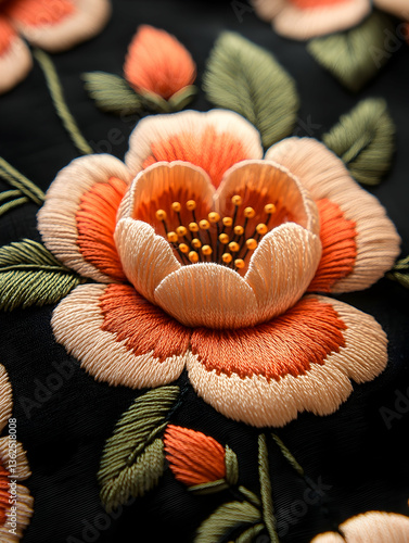Embroidered peach flower with green leaves on black fabric detail