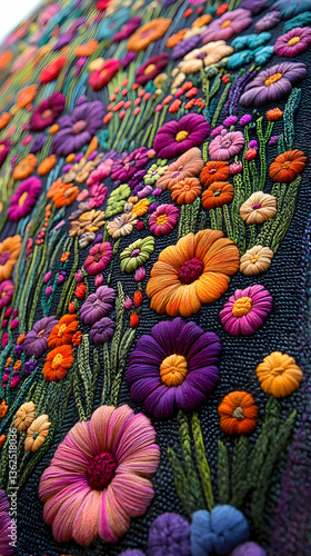 Embroidered floral artwork on dark fabric with bright, vivid flower detail