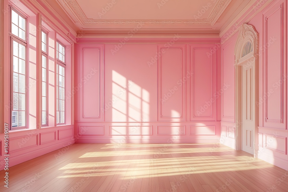 Obraz premium Pink Classic Empty Room with Wooden Floor, Decorative Walls, Windows, Sunlight, Door