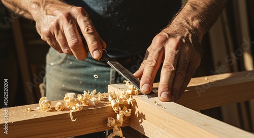 Close-Up of Woodworking Hands Crafting Wooden Piece with Shavings