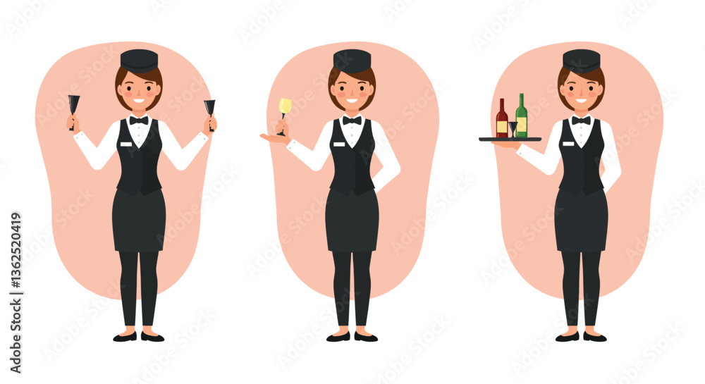 Waitress serving drinks in three frames with flat design style vector illustration Waitress serving drinks in three frames with flat design style vector illustration
