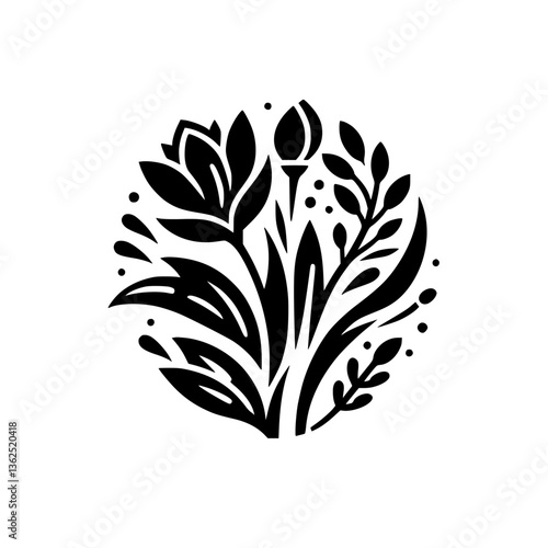 Stylized Floral Emblem: A symmetric, black and white illustration featuring blossoming flowers and leaves arranged in a circular pattern against a stark white background.
