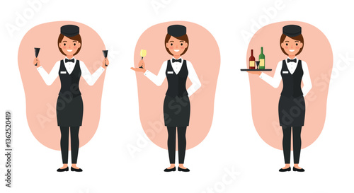 Waitress serving drinks in three frames with flat design style vector illustration