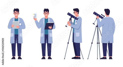Scientist character in flat design transitioning from holding tablet to using telescope vector art